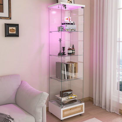 White Tempered Glass Display Cabinet with LED Lighting for Living Room