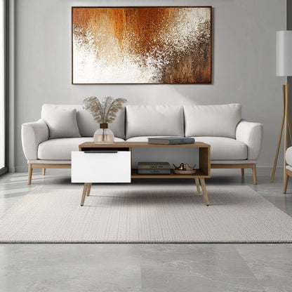 White Oak Coffee Table with Storage Drawer for Living Room
