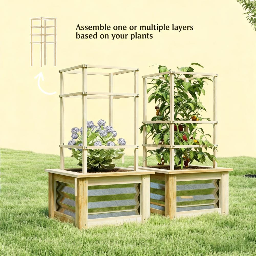 Galvanized Planter Box - Raised Garden Bed with Trellis, Natural Wood