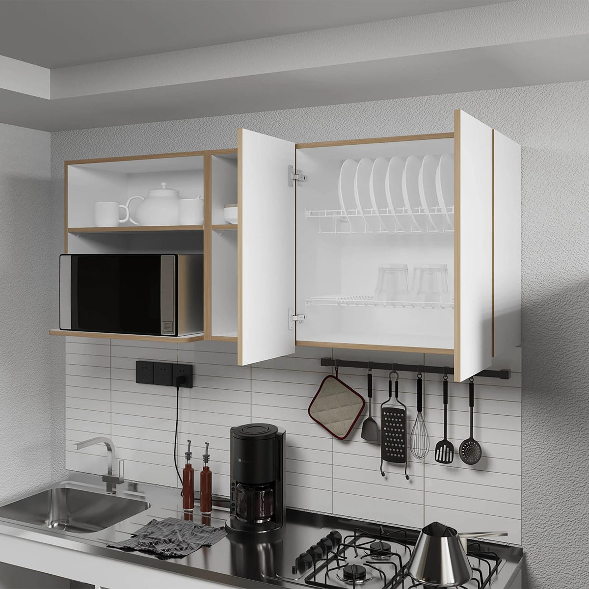 White & Natural Oak Wall Mounted Cabinets - 5 Shelves for Living Room