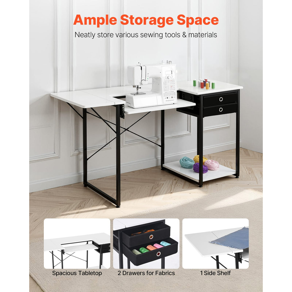 White Steel Sewing Table with Drawers & Adjustable Shelf