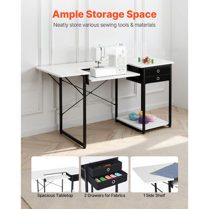 White Steel Sewing Table with Drawers & Adjustable Shelf