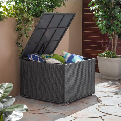 Grey Rattan Outdoor Storage Bench with Iron Frame for Patio Use for Living Room