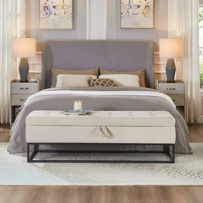 Beige Velvet Storage Bench with Metal Base for Bedroom or Guest Room
