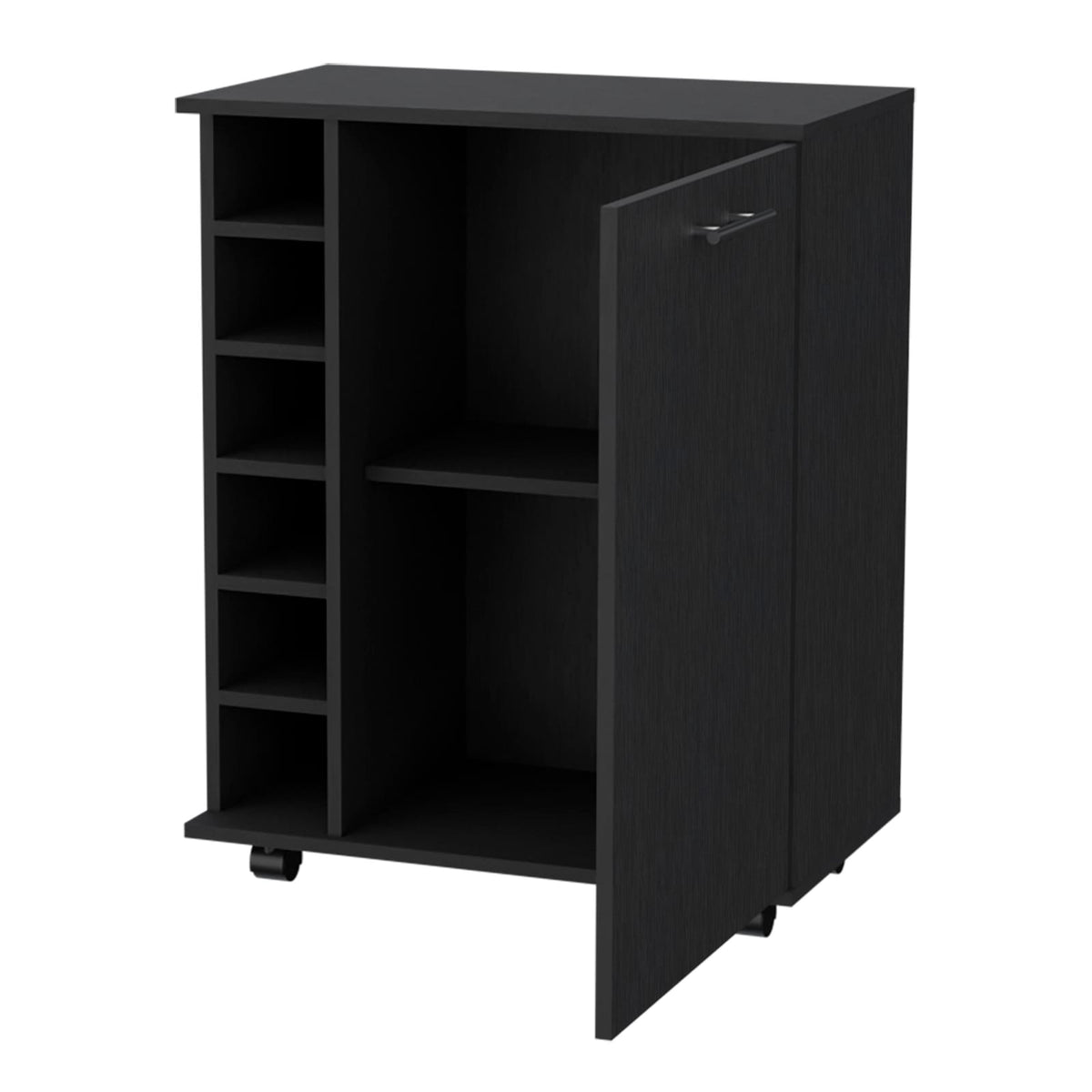 Rawlins Bar Cart - Black Engineered Wood, 6 Bottle Rack for Living Room