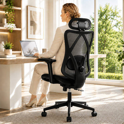Black Mesh Office Chair with Adjustable Lumbar Support and Headrest