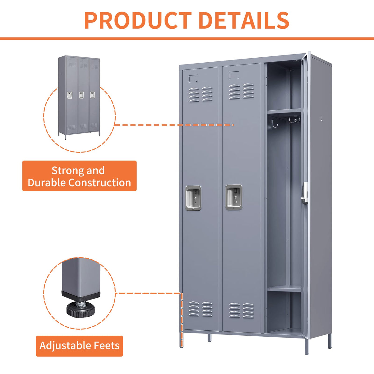 Gray Metal Locker - 3 Door Storage Cabinet for Gyms & Offices