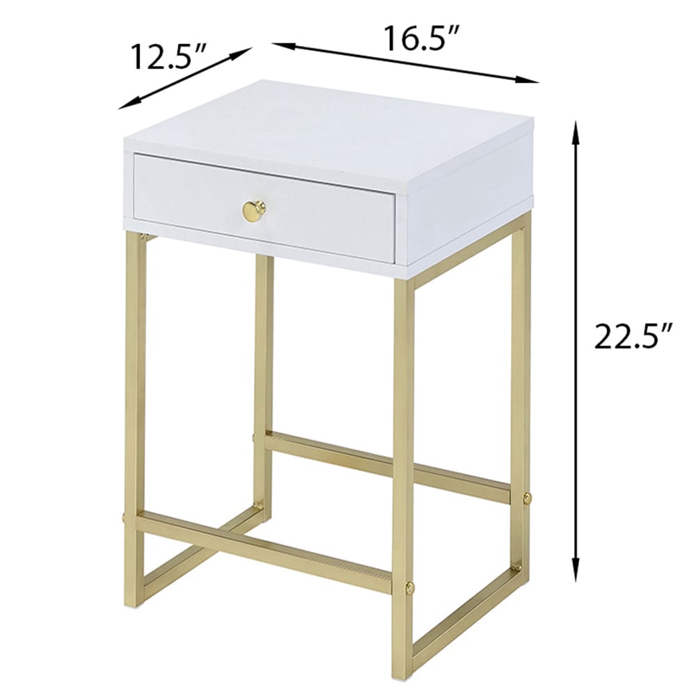 White & Gold 1-Drawer Side Table - Contemporary Style