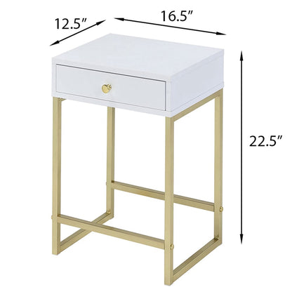 White & Gold 1-Drawer Side Table - Contemporary Style