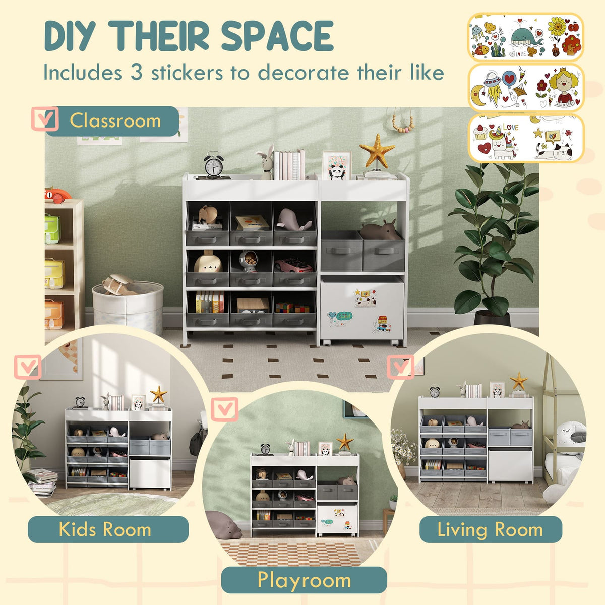 White Fabric Toy Storage Shelf with 11 Bins for Kids Playroom