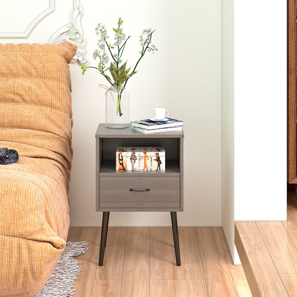 Grey MDF Nightstand with Storage Drawers - Small Bedroom Table
