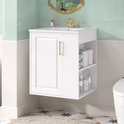 White Solid Wood Wall Mounted Bathroom Vanity with Storage Cabinet