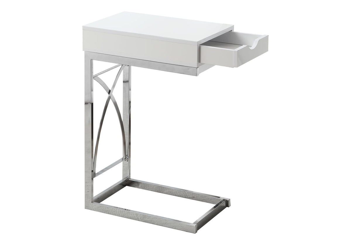 White Particle Board C-Shaped Accent Table with Storage Drawer for Living Room