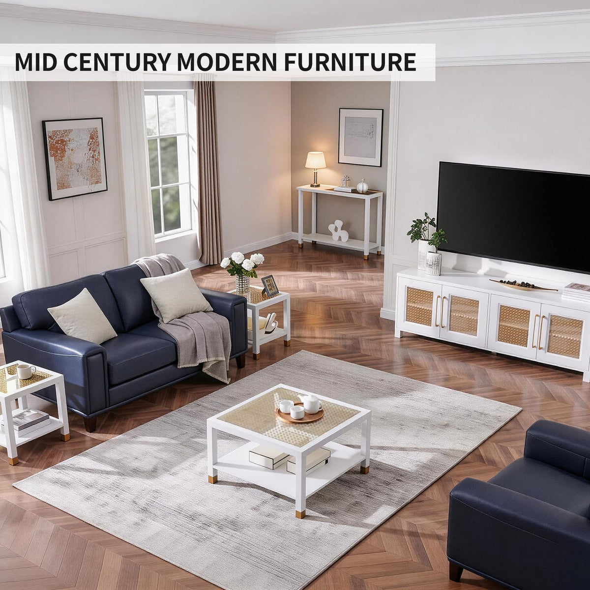 White+Gold Glass End Table - Modern Square Side Table for Living Room