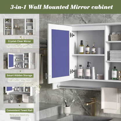 36" White Wall Mounted Bathroom Cabinet with Mirror & Adjustable Shelves
