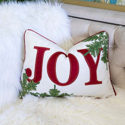 JOY Embroidered Christmas Throw Pillow 14x20" Velvet Lumbar Cushion in Red and