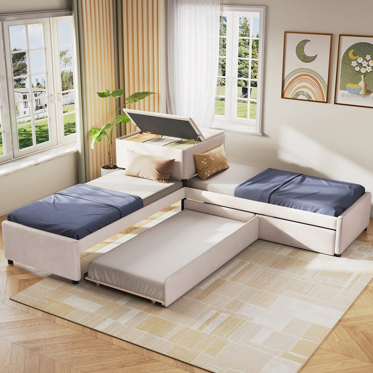 L-Shaped Platform Bed with Trundle - Twin Beige for Bedroom