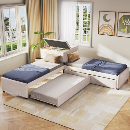 L-Shaped Platform Bed with Trundle - Twin Beige for Bedroom