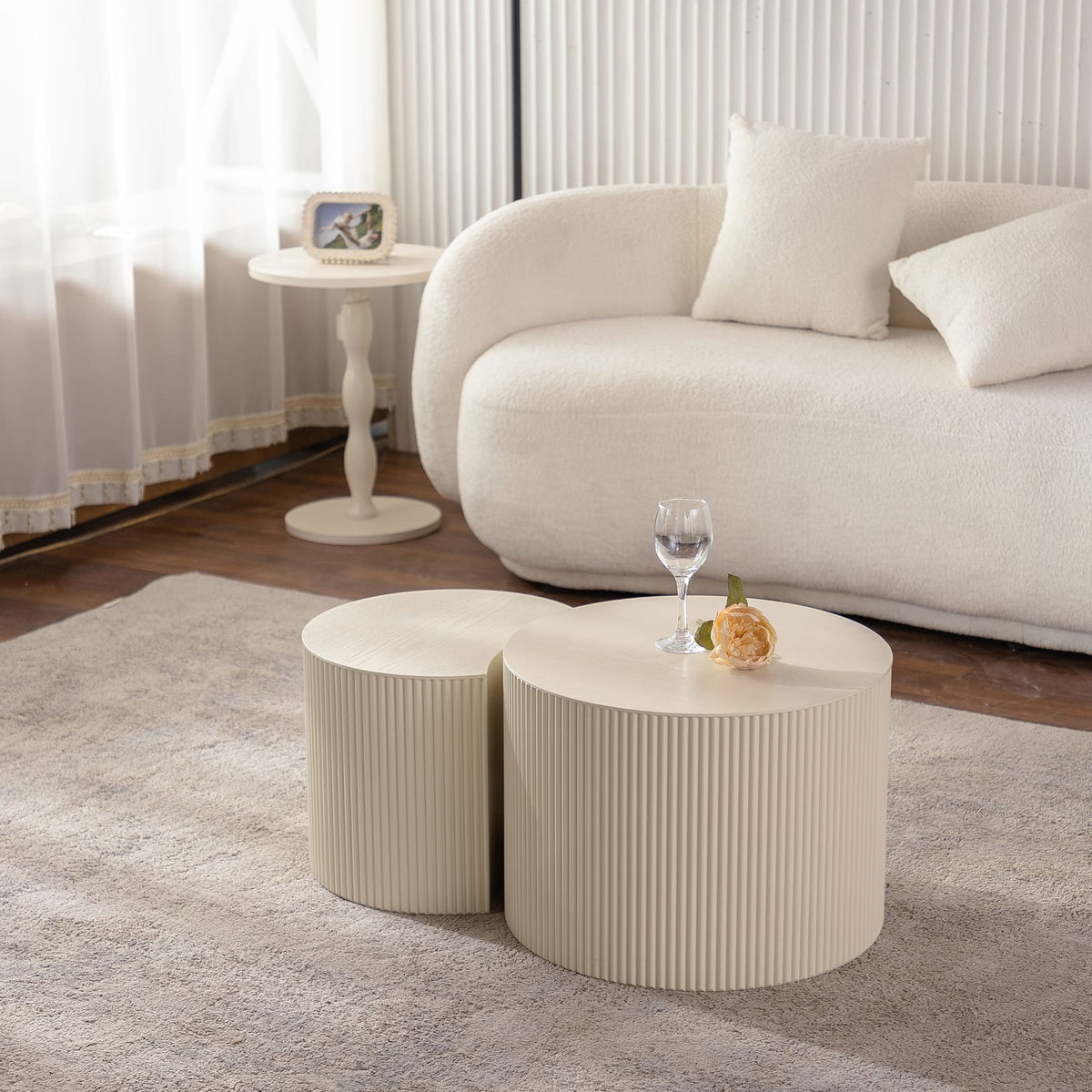 Round Modern Wood Coffee Table with Open Storage in Beige White for Living Room