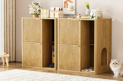 Natural Wood Cat Litter Cabinet with Storage and Dual Entry Doors