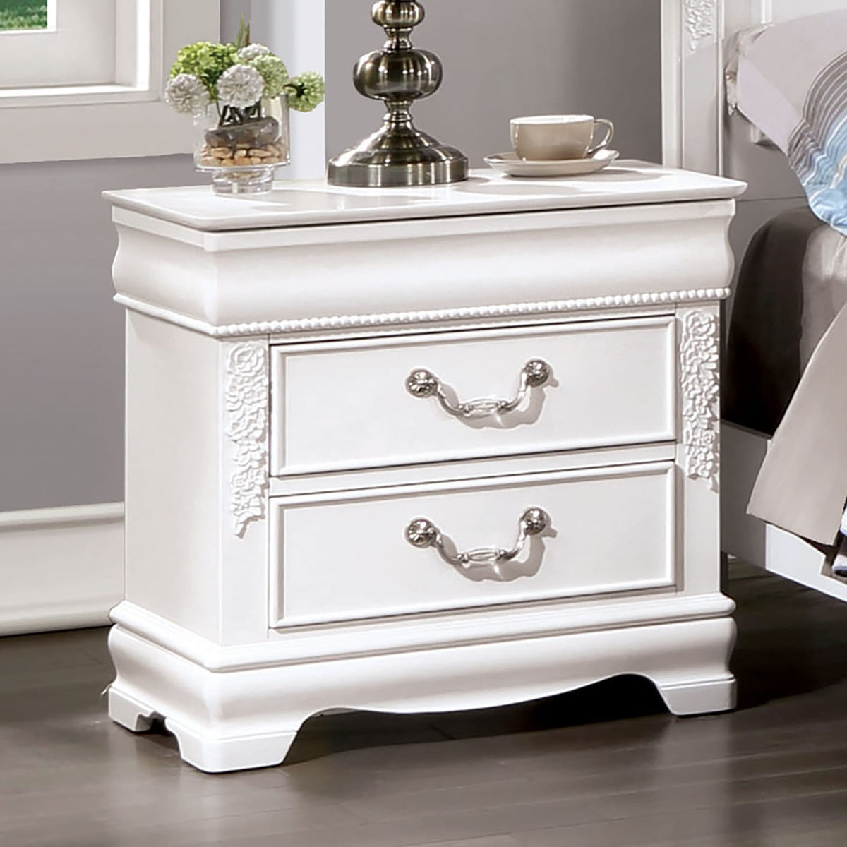 Classic White Nightstand - 2 Drawers Solid Wood Bedside Table