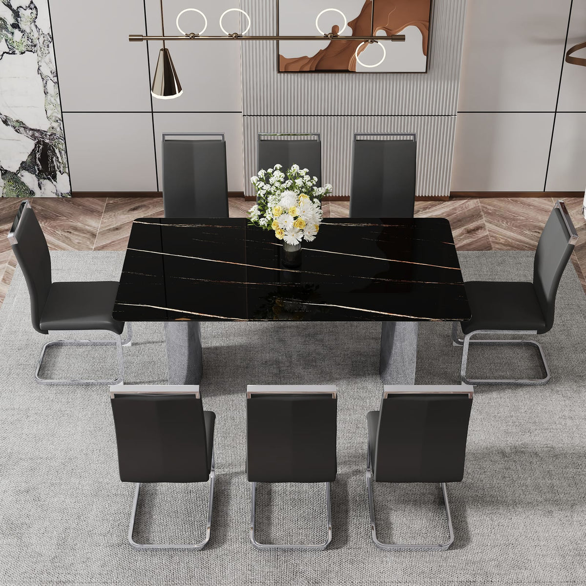 Black Marble Glass Dining Table Set with 8 Comfortable PU Chairs