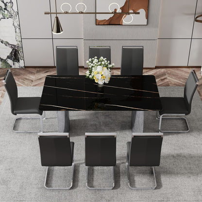 Black Marble Glass Dining Table Set with 8 Comfortable PU Chairs