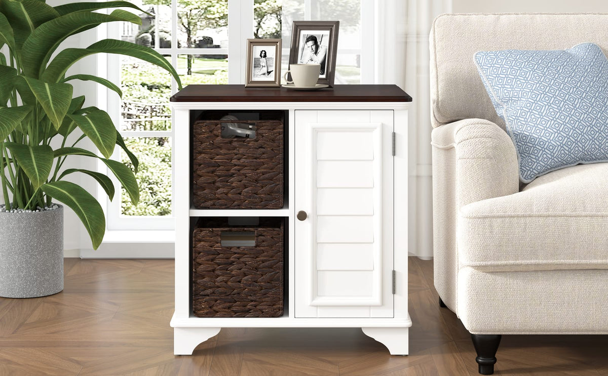 White MDF End Table with Baskets - 23.1" x 18.1"