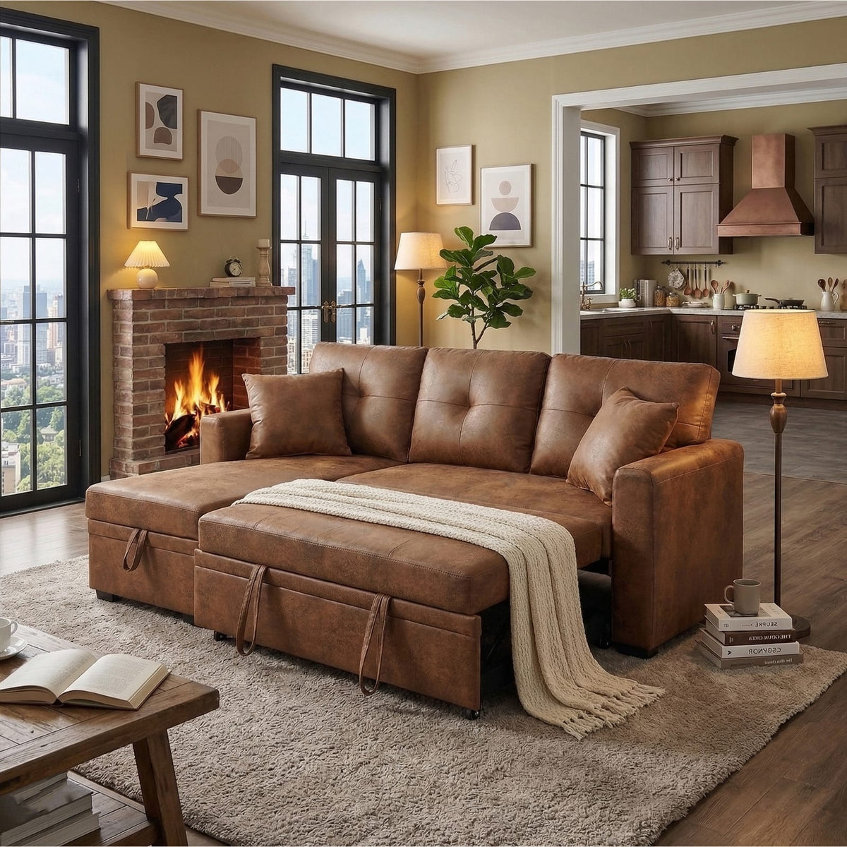 Light Brown Sectional Sofa Bed - Pull Out Sleeper for Living Room