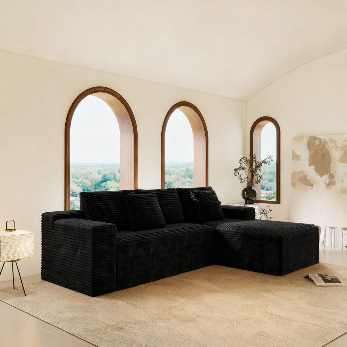 Black Modular Foam Sectional Sofa with Plush Corduroy Fabric for Living Room