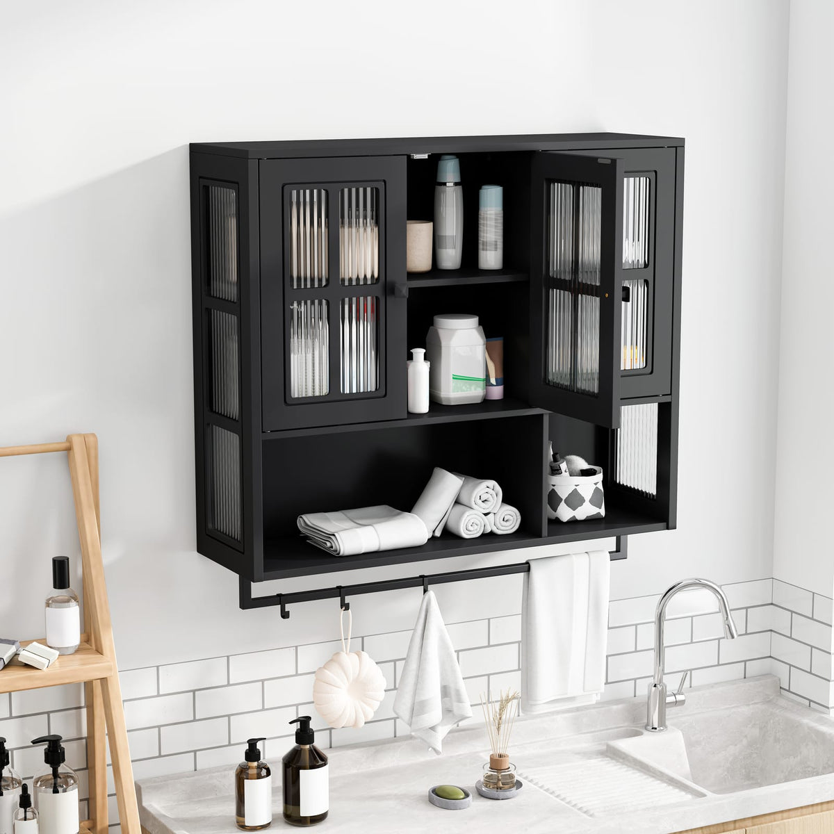 Bathroom Wall Cabinet - 3-Door Black MDF Storage
