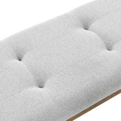 Brown Oak Dining Bench with Light Gray Fabric and Tufting