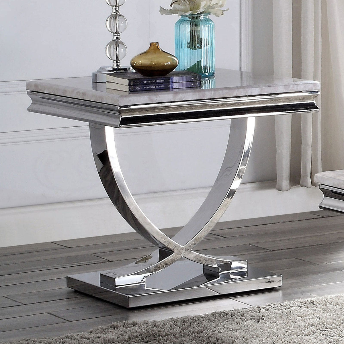 Chrome Faux Marble End Table - Modern Glam Style