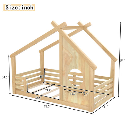 Twin House Floor Bed - Natural Wood, Safe & Sturdy Design