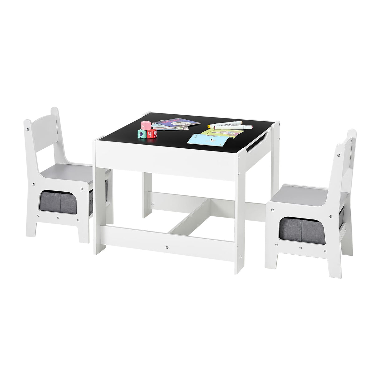 Kids Table and 2 Chairs Set - White with Storage