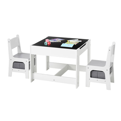 Kids Table and 2 Chairs Set - White with Storage