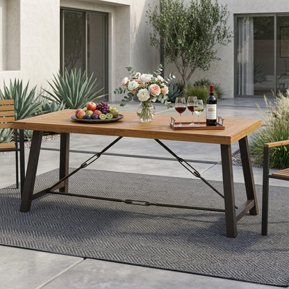 Transitional Acacia Wood Patio Dining Set with Iron Frame