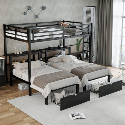 Triple Bunk Bed with Drawers - Black Metal Frame for Bedroom