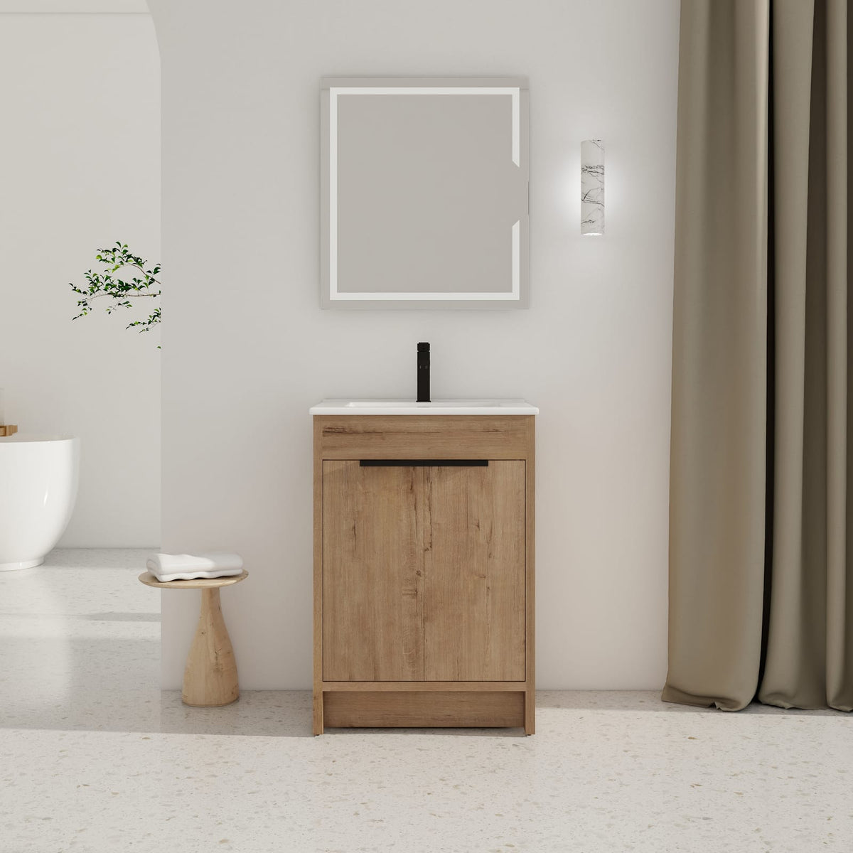Modern Imitative Oak Freestanding Bathroom Vanity with Ceramic Sink