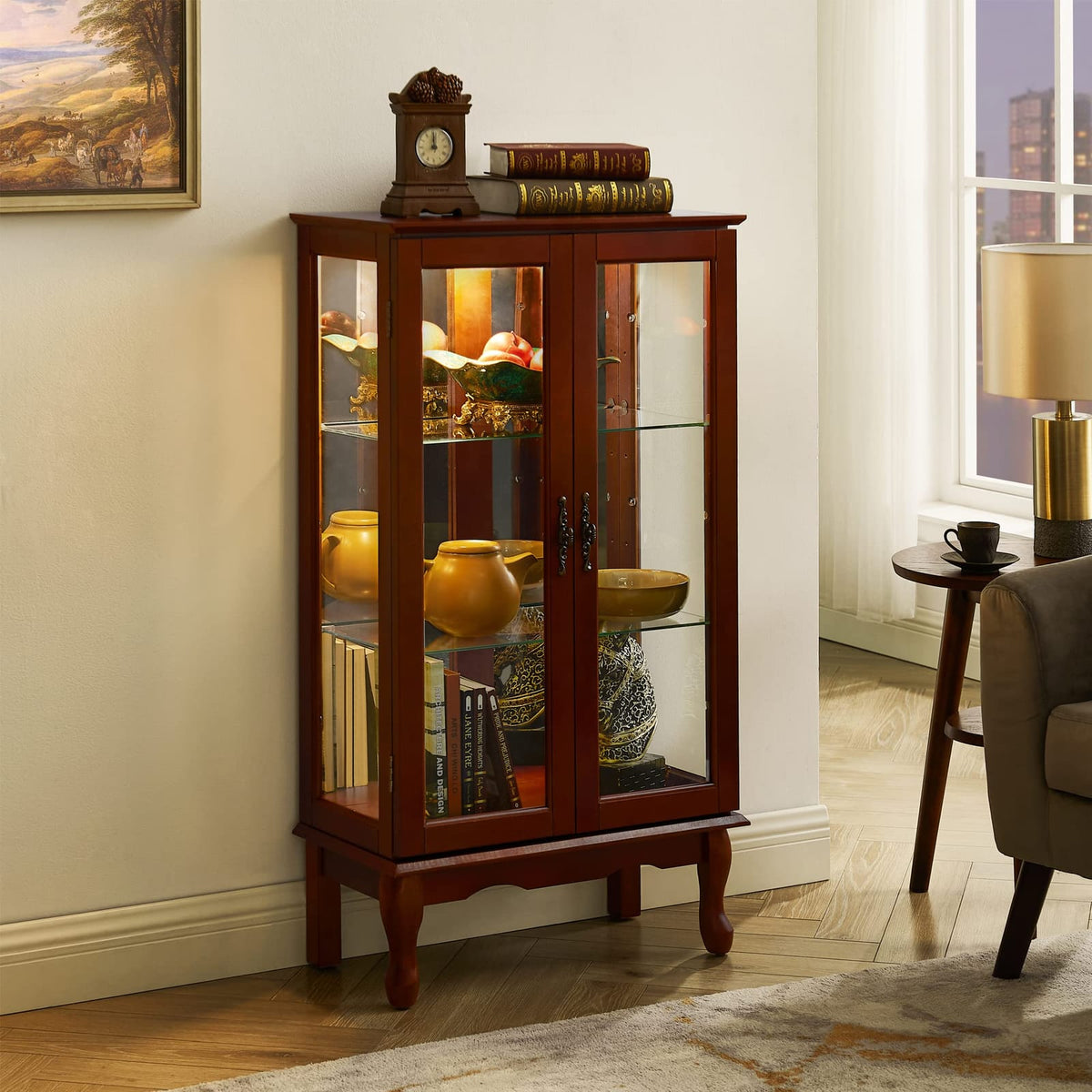 Cherry Mirrored Curio Cabinet - Adjustable Shelves & Lighting for Living Room