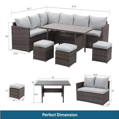 7 Piece Grey Brown Rattan Patio Dining Set Outdoor Sectional Sofa with Cushions