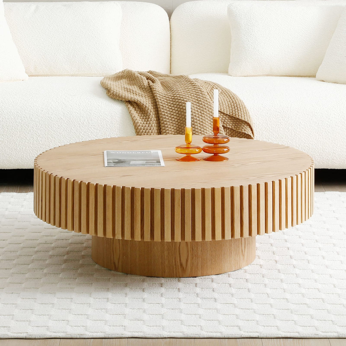 31.49" Round Ash Wood Coffee Table - Small Apartment Table for Living Room