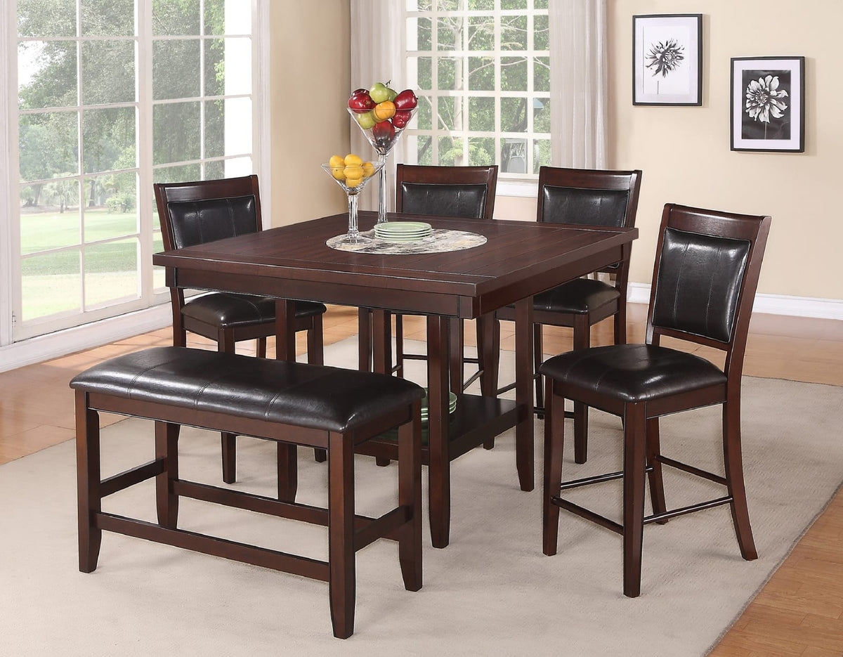Square Dining Set with Upholstered Chairs and Lazy Susan Dark Brown Wood