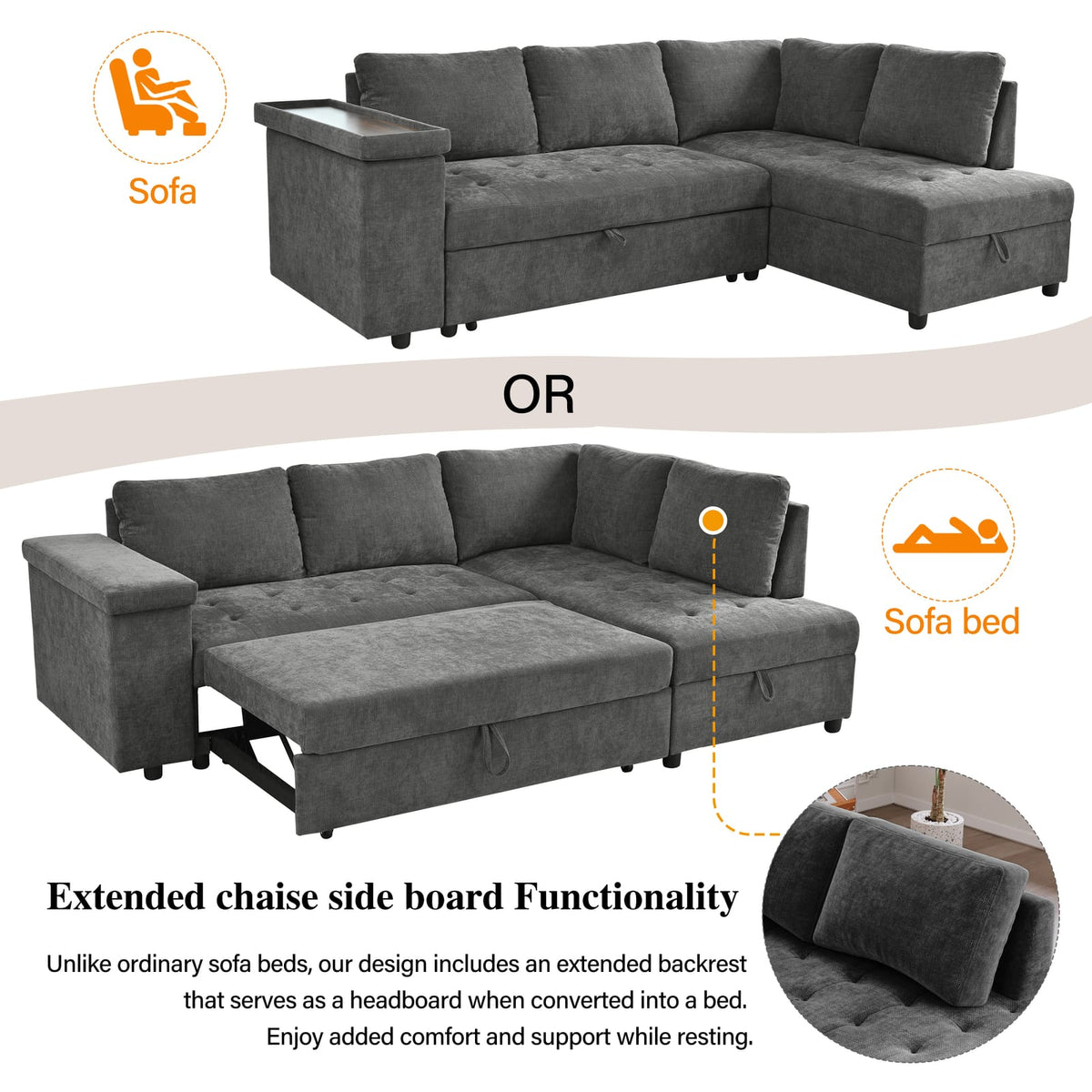 Grey Polyester Sofa Bed - 3 Seat Storage Sectional Sleeper for Living Room