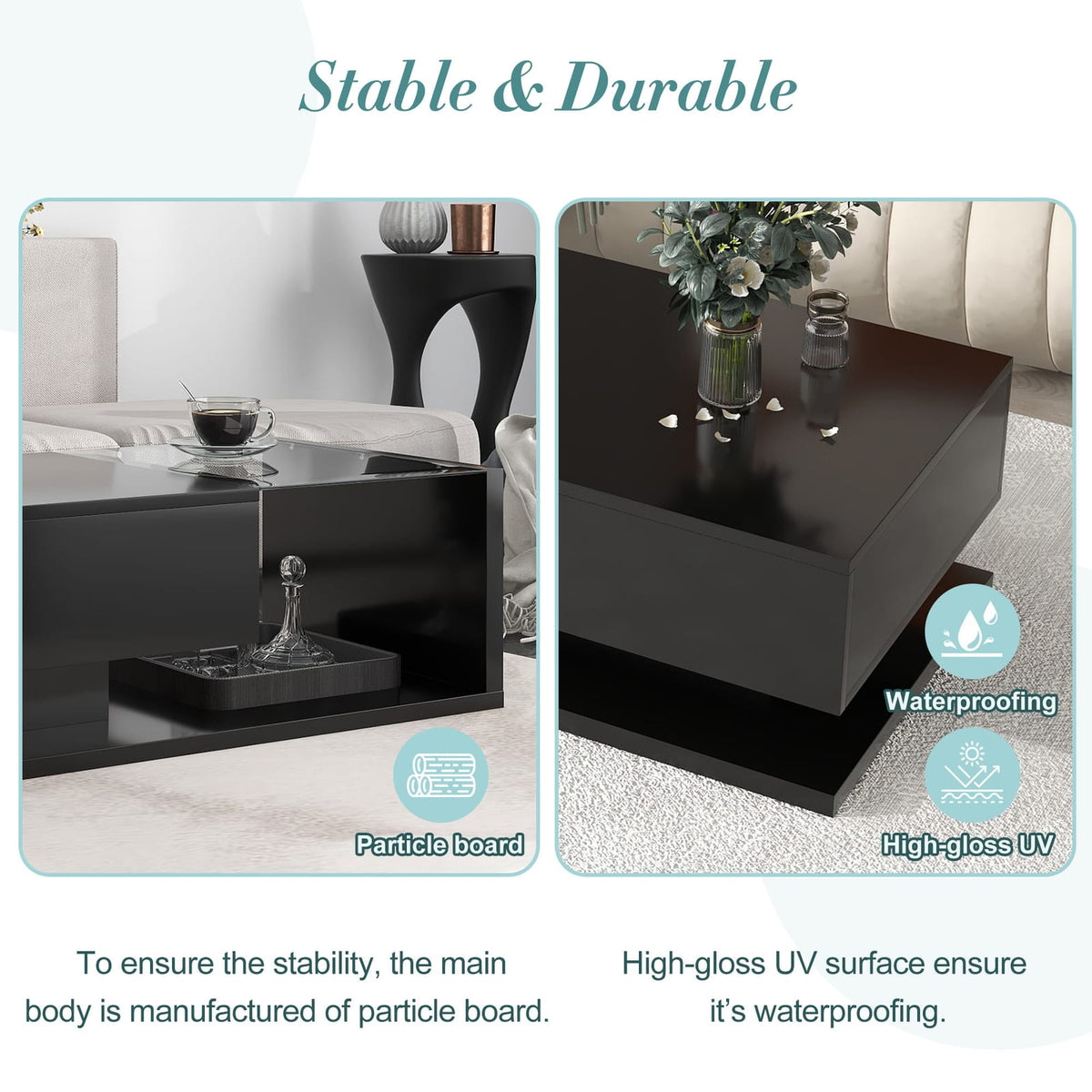 Black Rectangular Coffee Table with Glass Top