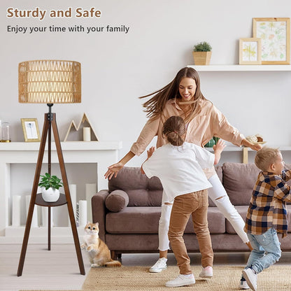 Brown Wood Rattan Floor Lamp with Shelves and Foot Switch for Living Room