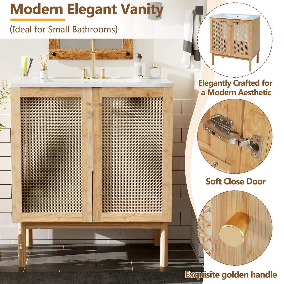 Wood & Rattan Bathroom Vanity - 30 Inch Storage