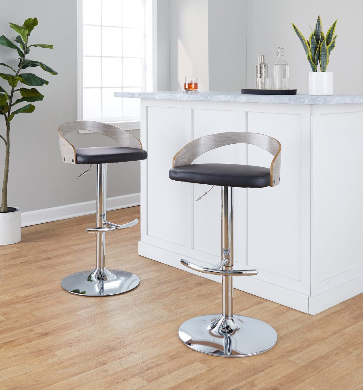 Light Grey PU Leather Barstools - 3 Swivel Chrome Dining Chairs