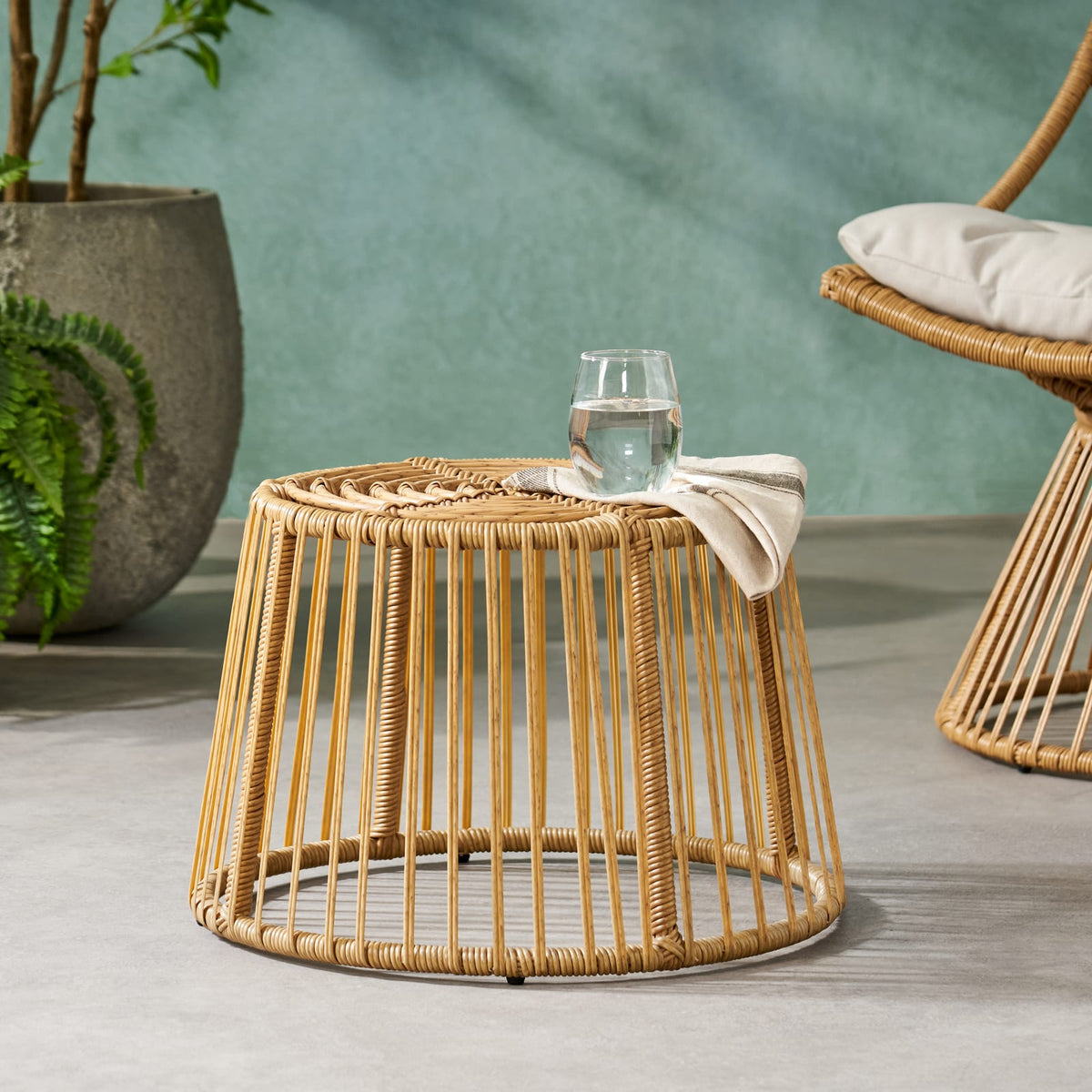 Light Brown Rattan Side Table - Patio Outdoor Furniture
