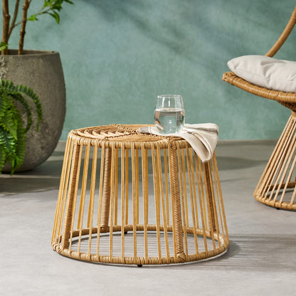 Light Brown Rattan Side Table - Patio Outdoor Furniture
